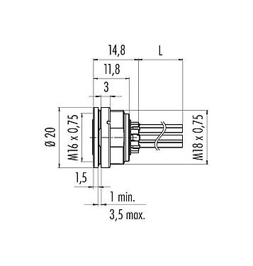 스케일 드로잉 09 0116 702 05 - M16 플랜지 리셉터클, 콘택트 렌즈: 5 (05-a), 차폐되지 않음, 단일 전선, IP67, UL