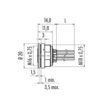Scale drawing M16 Female panel mount connector, Contacts: 8 (08-a), unshielded, single wires, IP68, UL 2238, AISG compliant, M18x0,75, Front mounting