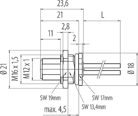 Bản vẽ tỷ lệ M12 Phích cắm gắn bảng, Số lượng cực : 3, không có chống nhiễu, dây đơn, IP68, UL 2238, M16x1,5, Chốt trung tâm, túp lều