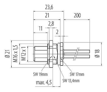 Dessin coté M12 Embase mâle, Contacts: 4, non blindé, fils, IP68, UL 2238, M16x1,5, Montage mural arrière, coulé