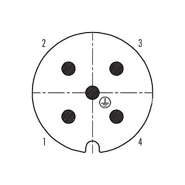 Disposition des contacts (Côté plug-in) 99 0709 70 05 - RD30 Connecteur mâle coudé, Contacts: 4+PE, 10,0-12,0 mm, non blindé, pince à visser, IP65, ESTI+, VDE