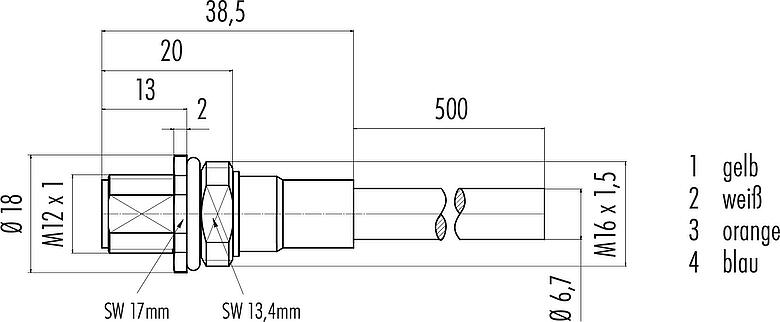 Maßzeichnung M12 Flanschstecker, Polzahl: 4, geschirmt, mit Kabel konfektioniert, IP67, UL, M16x1,5, Profinet, PUR, grün, 2 x 2 x AWG 22, Frontmontage, 0,5 m