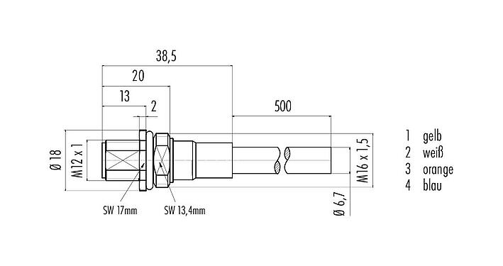 Maßzeichnung 70 3733 705 04 - M12 Flanschstecker, Polzahl: 4, geschirmt, mit Kabel konfektioniert, IP67, UL, M16x1,5, Profinet, PUR, grün, 2 x 2 x AWG 22, 0,5 m