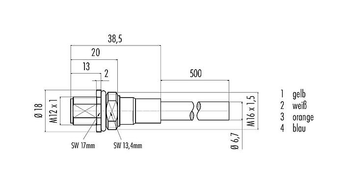 Maßzeichnung M12 Flanschstecker, Polzahl: 4, geschirmt, mit Kabel konfektioniert, IP67, UL, M16x1,5, Profinet, PUR, grün, 2 x 2 x AWG 22, Frontmontage, 0,5 m