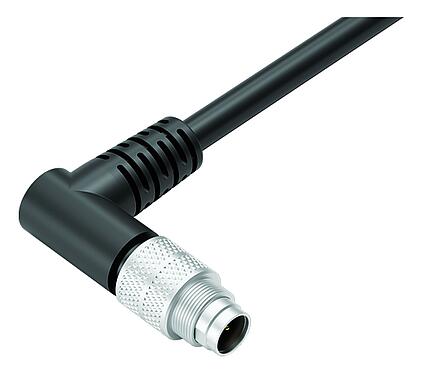 Illustration M9 Male angled connector, Contacts: 4, shielded, moulded on the cable, IP67, PUR, black, 5 x 0.25 mm², 2 m