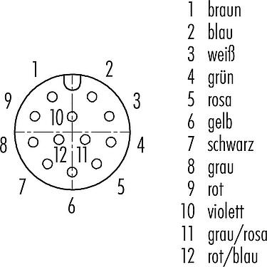 Polbild (Steckseite) M12 Vierkant-Flanschdose, Polzahl: 12, ungeschirmt, Litzen, IP40, UL 2238, M3 (4x), Frontmontage, vergossen