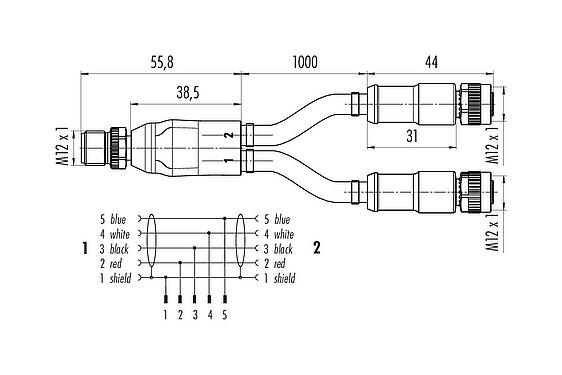 Dessin coté M12 Répartiteur de câbles connecteur mâle - 2 connecteurs femelle, Contacts: 5, blindé, surmoulé sur le câble, IP67, CAN-Bus, PUR, violet, 1 x 2 x AWG 22 + 1 x 2 x AWG 24, 1 m