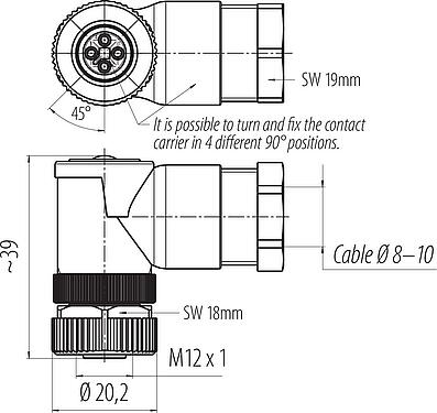 Bản vẽ tỷ lệ M12 Ổ cắm bẻ góc, Số lượng cực : 4, 8,0-10,0mm, không có chống nhiễu, kẹp vít, IP67, UL 2238, VDE