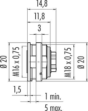 Maßzeichnung M16 Flanschdose, Polzahl: 6 (06-a), ungeschirmt, crimpen (Crimpkontakte müssen separat bestellt werden), IP40, M18x0,75, Frontmontage