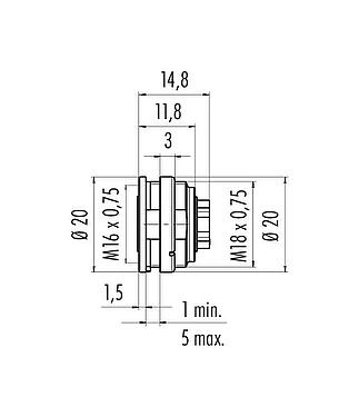 Scale drawing M16 Female panel mount connector, Contacts: 8 (08-a), unshielded, crimping (Crimp contacts must be ordered separately), IP40, M18x0,75, Front mounting