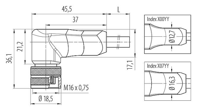 Dessin coté M16 Connecteur femelle coudé, Contacts: 12, non blindé, surmoulé sur le câble, IP67, PUR, noir, 12 x 0,25 mm², 5 m