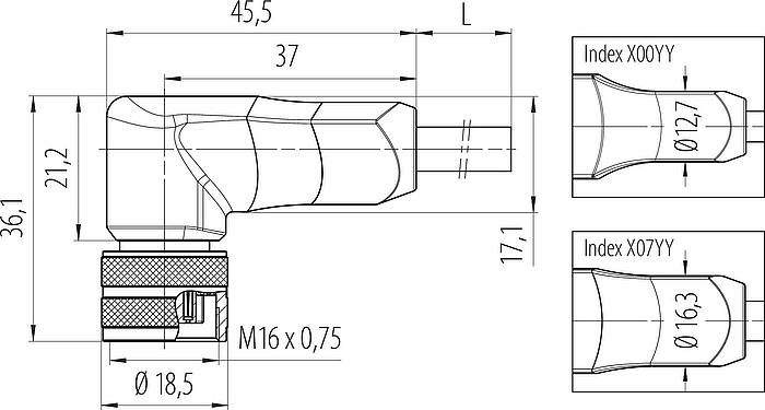 스케일 드로잉 M16 각진 소켓, 콘택트 렌즈: 12, 차폐되지 않음, 케이블에 몰딩, IP67, PUR, 검정, 12x0.25mm², 5m