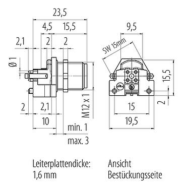 Maßzeichnung M12 Flanschstecker, Polzahl: 4, schirmbar, THR, IP67, UL 2238, M12x1,0, Rückwandmontage