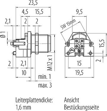 Maßzeichnung M12 Flanschstecker, Polzahl: 4, schirmbar, THR, IP67, UL 2238, M12x1,0, Rückwandmontage