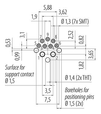 Conductor layout M12 Male receptacle, Contacts: 2+7, solder, IP67 plugged and locked, Front mounting