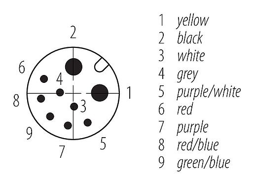 联系安排 (外掛程式側) M12 直头孔头电缆连接器, 极数: 2+7, 预铸电缆, IP67, PUR, 黑色, 电源: 2x0.75 (AWG 18), 信号: 7x0.14 (AWG 26), 1.85m