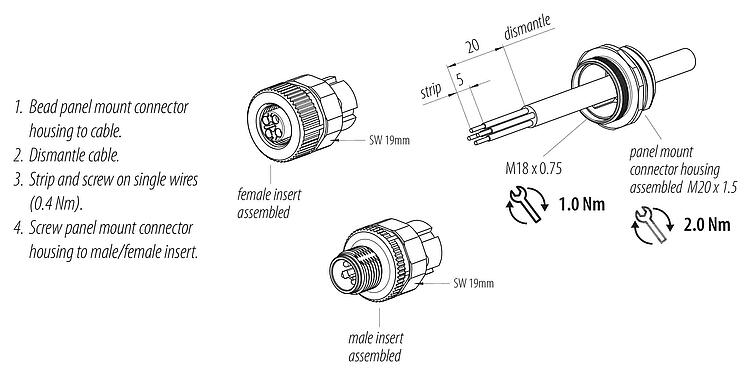 Montagehandleiding M12 Male panel mount connector, aantal polen: 4, onafgeschermd, schroefklem, IP68, UL 2238, VDE, M20x1,5, Frontaansluiting