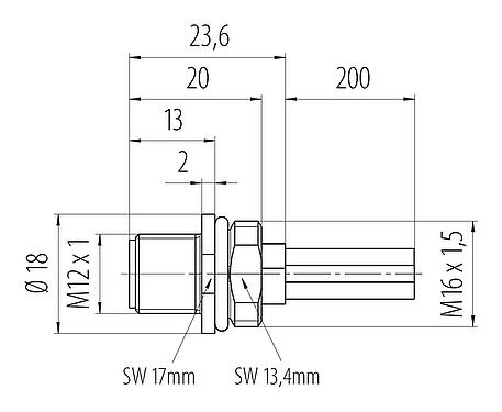 Dessin coté M12 Embase mâle, Contacts: 4, non blindé, fils, IP68, UL 2238, M16x1,5, Montage frontal