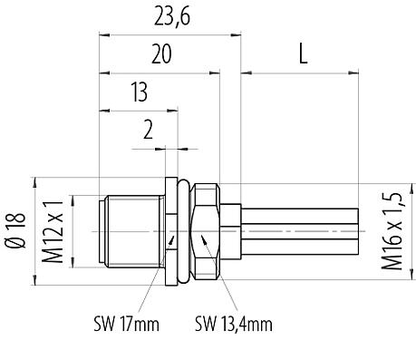 Dessin coté M12 Embase mâle, Contacts: 4, non blindé, fils, IP68, UL 2238, M16x1,5, Montage frontal