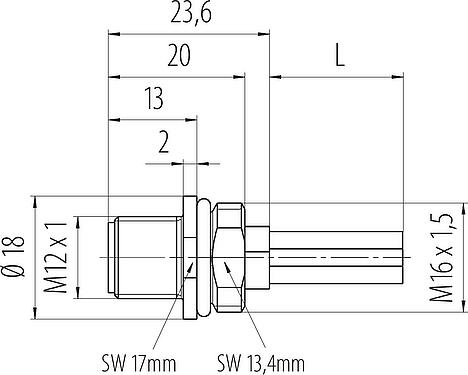 Schaaltekening M12 Male panel mount connector, aantal polen: 4, onafgeschermd, draden, IP68, UL 2238, M16x1,5, Frontaansluiting