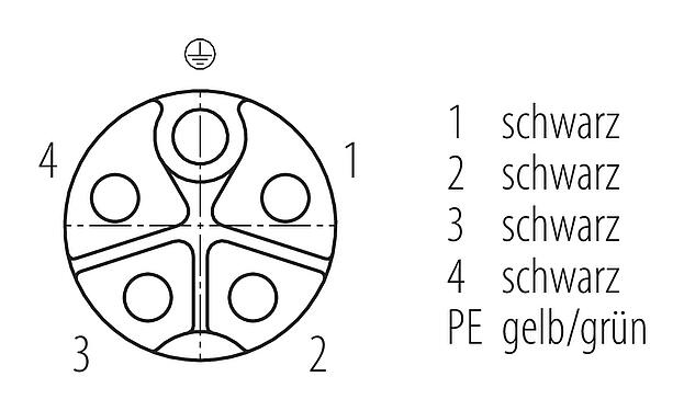 Polbild (Steckseite) M12 Flanschdose, Polzahl: 5, ungeschirmt, Litzen, IP68, UL 2238, M16x1,5, Frontmontage