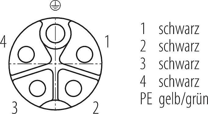 Polbild (Steckseite) M12 Flanschdose, Polzahl: 5, ungeschirmt, Litzen, IP68, UL 2238, M16x1,5, Frontmontage, vergossen