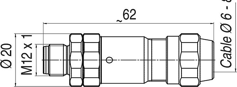 Desenho da escala M12 Plugue de cabo, Contatos: 4, 5,5-8,6 mm, blindável, pinça de parafuso, IP68/IP69K, UL 2238, Ecolab, Aço inoxidável, com anel de blindagem