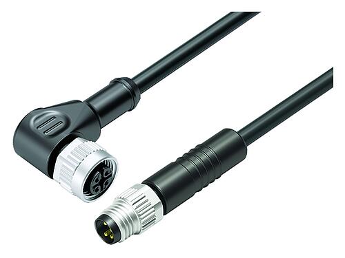 Illustration M12/M8 Connecteur mâle - connecteur d‘angle femelle, Contacts: 4, non blindé, surmoulé sur le câble, IP67/IP69K, UL 2238, PUR, noir, 4 x 0,34 mm², 2 m