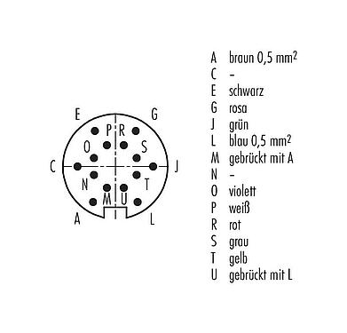 Polbild (Steckseite) M16 Kabelstecker, Polzahl: 14 (14-b), ungeschirmt, am Kabel angespritzt, IP67, PUR, schwarz, 8 x 0,25 mm² / 2 x 0,50 mm², 2 m