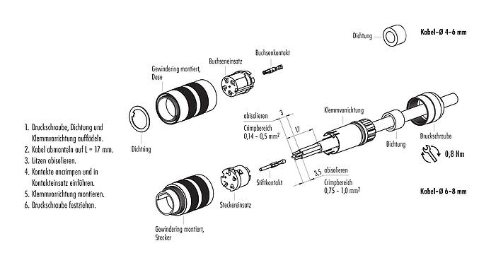 Montageanleitung M16 Kabelstecker, Polzahl: 4 (04-a), 4,1-7,8 mm, ungeschirmt, crimpen (Crimpkontakte müssen separat bestellt werden), IP67, UL 2238, Kurzversion