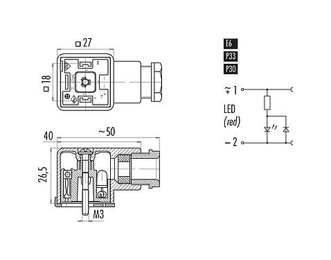 比例图 设备插座, 极数: 2+PE, 6.0-8.0mm, 非屏蔽, 螺钉接线, IP40 不带密封圈, PG 9, 电路 P33, 带LED的PNP