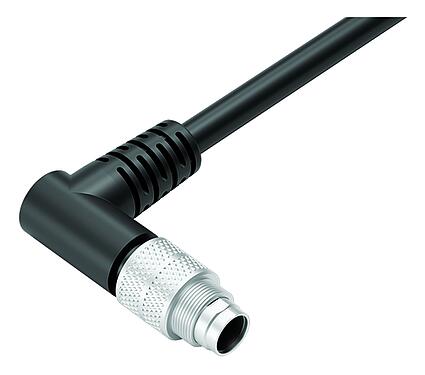 Illustration M9 Male angled connector, Contacts: 2, shielded, moulded on the cable, IP67, PUR, black, 5 x 0.25 mm², 2 m
