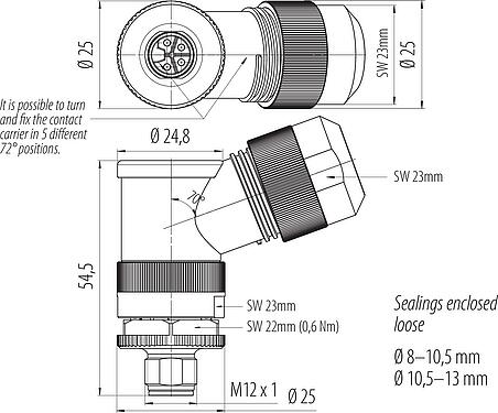 Dessin coté M12 Connecteur mâle coudé, Contacts: 4, 8,0-13,0 mm, non blindé, pince à visser, IP67, UL 2238, M12x1,0, pour l'alimentation électrique