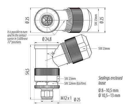 Dessin coté M12 Connecteur mâle coudé, Contacts: 4, 8,0-13,0 mm, non blindé, pince à visser, IP67, UL 2238, M12x1,0, pour l'alimentation électrique