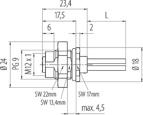 Schaaltekening M12 Female panel mount connector, aantal polen: 4, onafgeschermd, draden, IP68, UL 2238, M16x1,5, Achterwandmontage