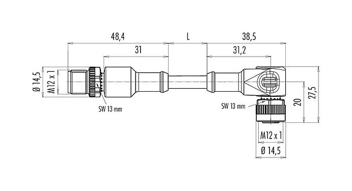 Desenho da escala M12 Cabo de conexão plugue de cabo - tomada angular, Contatos: 8, desprotegido, moldado no cabo, IP68/IP69K, UL 2238, PUR, preto, 8 x 0,25 mm², 2 m