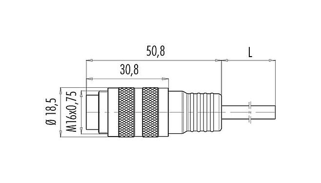 Disegno in scala M16 Connettore cavo maschio, Numero poli: 5 (05-a), non schermato, stampato sul cavo, IP67, PUR, nero, 5 x 0,25 mm², 2 m