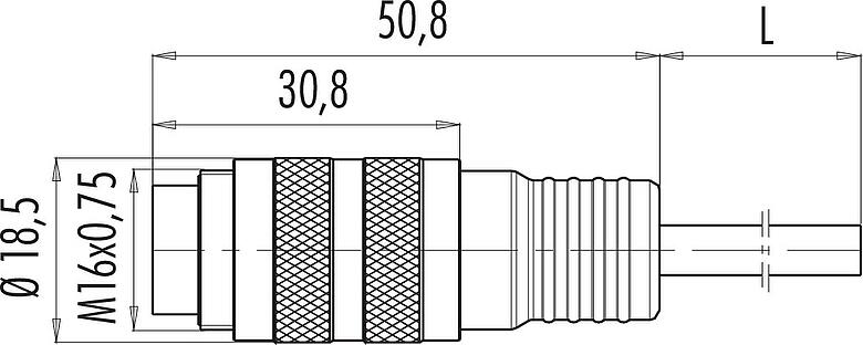 Scale drawing M16 Male cable connector, Contacts: 12 (12-a), shielded, moulded on the cable, IP67, TPE-U (PUR), black, 12 x 0.25 mm², 2 m