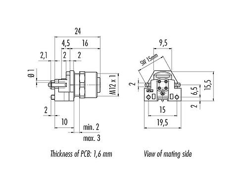 Méretarányos rajz M12 panelre szerelhető foglalat, : 5, árnyékolható, THR, IP68, UL 2238, M12x1,0, hátsó panel felszerelés