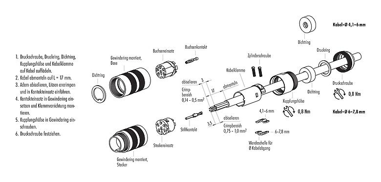 Montageanleitung M16 Kabelstecker, Polzahl: 8 (08-a), 4,1-7,8 mm, schirmbar, crimpen (Crimpkontakte müssen separat bestellt werden), IP67, Kurzversion