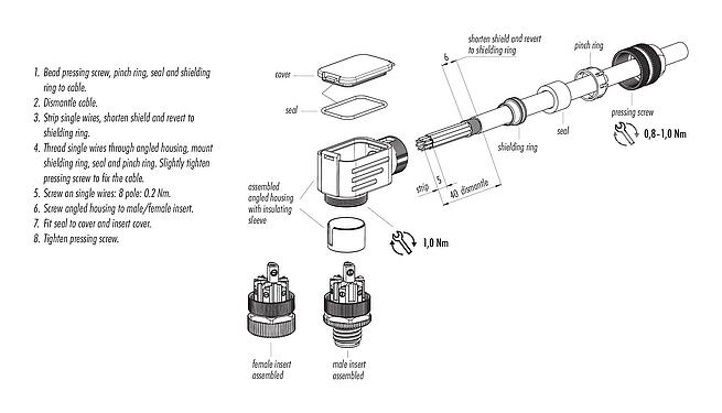 Montážní návod M12 Úhlová zástrčka, : 8, 6,0-8,0 mm, stínitelné, šroubovací svorka, IP67, UL 2238, s ochranným kroužkem