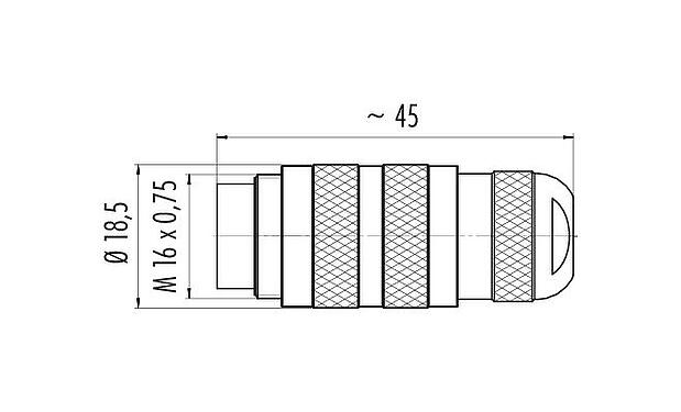 Maßzeichnung M16 Kabelstecker, Polzahl: 5 (05-a), 4,1-7,8 mm, ungeschirmt, löten, IP67, UL 2238, Kurzversion