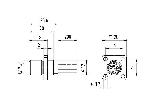 Scale drawing 09 0691 070 04 - M12 Square male panel mount connector, Contacts: 3+PE, unshielded, single wires, IP40, UL