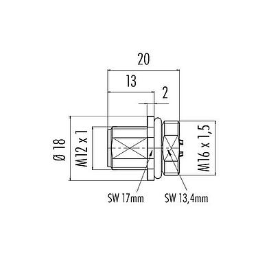 Schaaltekening M12 Male panel mount connector, aantal polen: 8, onafgeschermd, soldeer, IP68, UL 2238, M16x1,5, Frontaansluiting