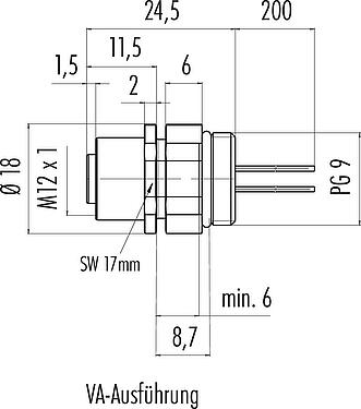 Maßzeichnung M12 Flanschdose, Polzahl: 5, ungeschirmt, Litzen, IP68/IP69K, UL 2238, PG 9, Frontmontage, Edelstahl, positionierbar, vergossen