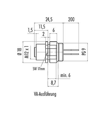 Maßzeichnung M12 Flanschdose, Polzahl: 4, ungeschirmt, Litzen, IP68/IP69K, UL 2238, PG 9, Frontmontage, Edelstahl, positionierbar, vergossen