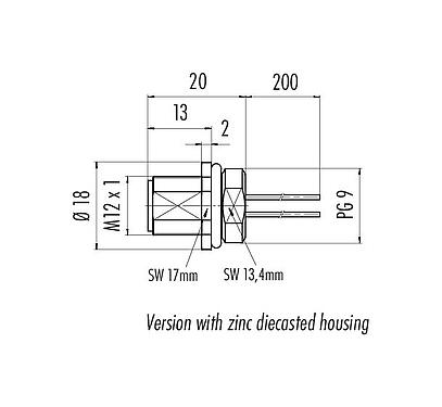 Scale drawing 76 2133 0111 00104-0200 - M12 Male panel mount connector, Contacts: 4, unshielded, single wires, IP68, UL, PG 9, stainless steel
