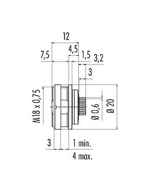 Schaaltekening M16 Female panel mount connector, aantal polen: 24, onafgeschermd, THT, IP67, UL 2238, M18x0,75, Achterwandmontage