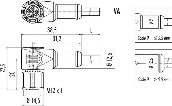 Desenho da escala M12 Tomada angular, Contatos: 3, desprotegido, moldado no cabo, IP67/IP69K, UL 2238, PUR, preto, 3 x 0,34 mm², Aço inoxidável, 2 m