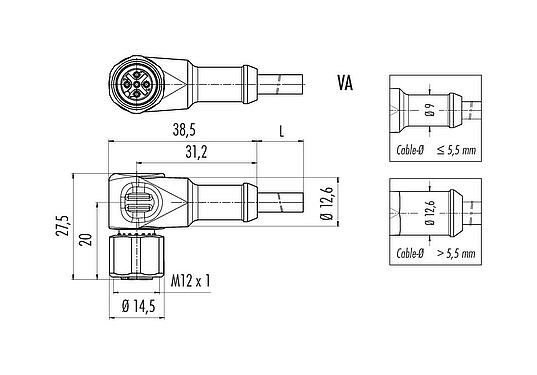 Výkres v měřítku M12 Úhlový box, : 8, nestíněný, vylisované na kabelu, IP67/IP69K, UL 2238, PUR, černá, 8 x 0,25 mm², Nerezová ocel, 5 m